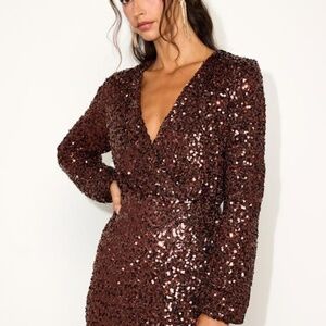 Lulus Indescribable Shine Brown Sequin Long Sleeve Mini Dress - Size M